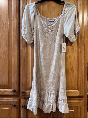 Smocked Beige Boho Midi Dress with Puff Sleeves